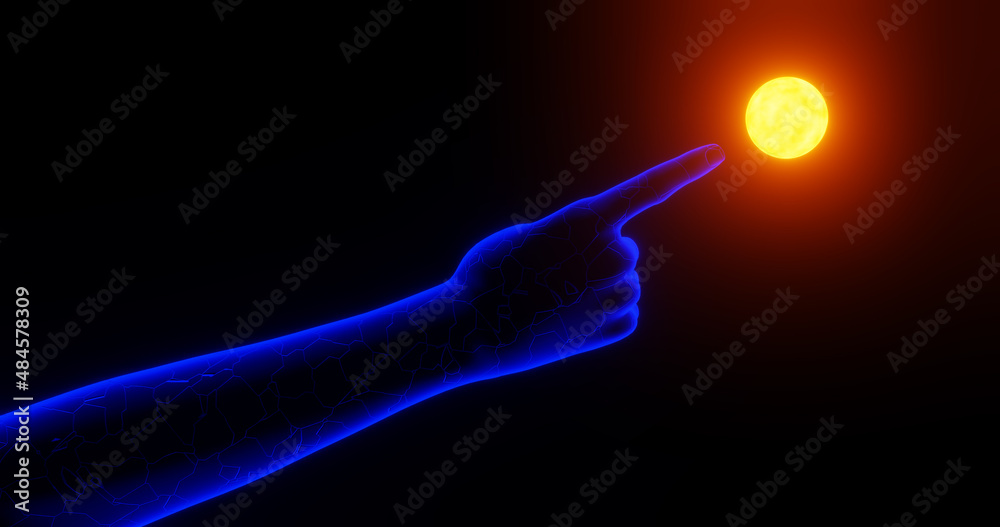 Render with glowing blue hand pointing at the sun Render with glowing blue hand pointing at the sun