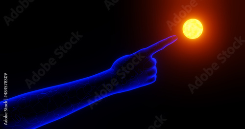 Render with glowing blue hand pointing at the sun