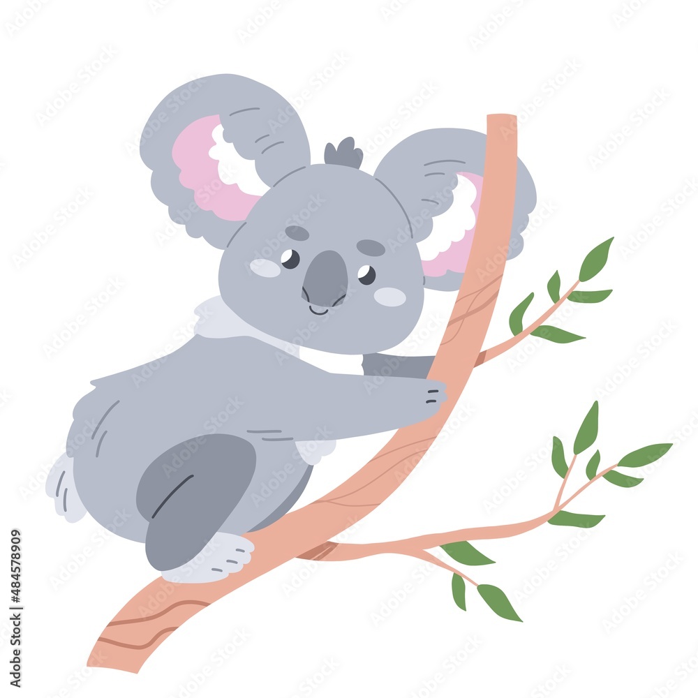 Naklejka premium Cute koala sitting on a tree branch. Flat illustration isolated on white background 