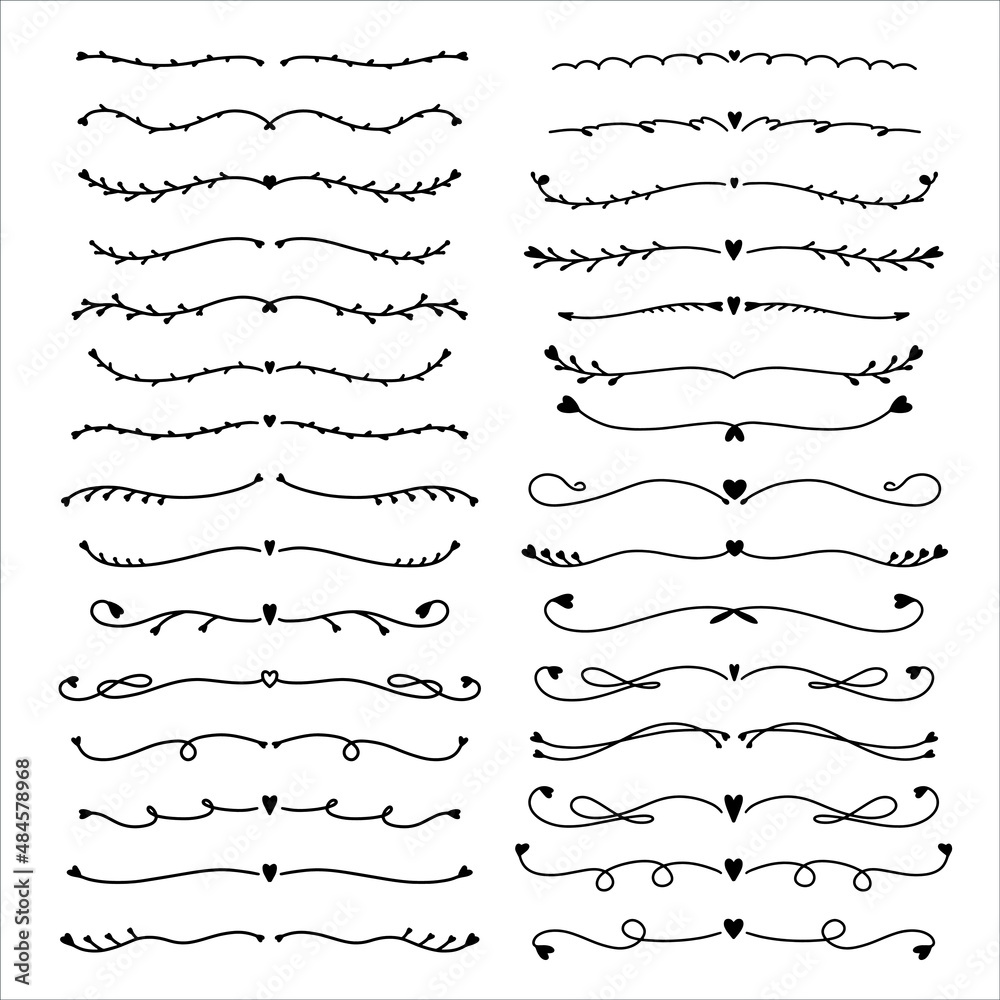 Obraz premium Set of hand drawn text dividers isolated on white background. Silhouette dividers with heart for books, greeting cards, invitations, web. Doodle style.