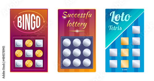 Lottery tickets set. Scratch lottery games realistic cards with gambling tickets million, bingo