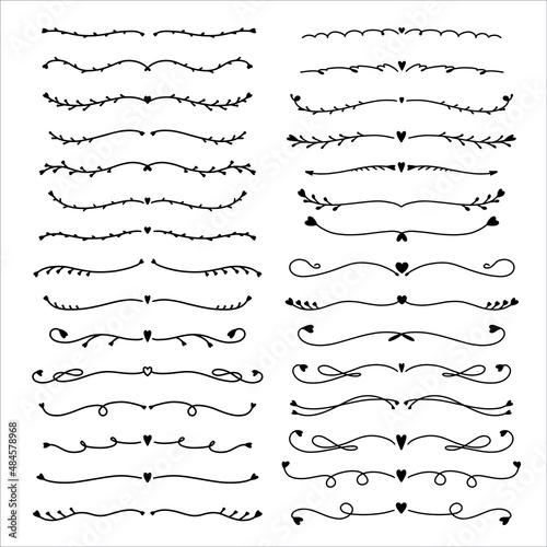 Set of hand drawn text dividers isolated on white background. Silhouette dividers with heart for books, greeting cards, invitations, web. Doodle style.