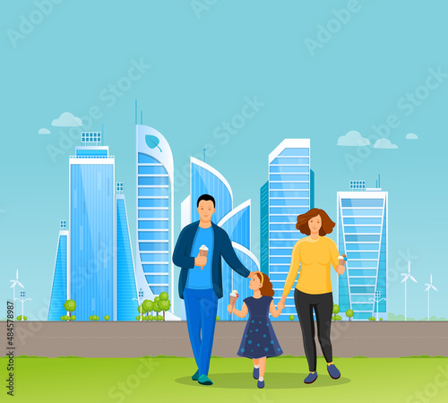 Young family with kid walk on background of skyscrapers eat ice cream, chat and laugh. Group people walking outdoors in different clothes in summer weather heat season