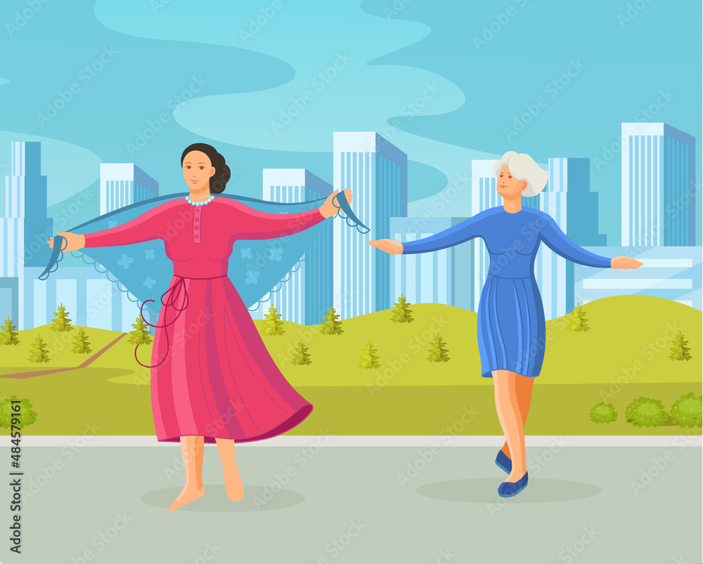 Old dancing people on street of city. Elderly woman in traditional costume is dancing with shawl on her shoulders. Old dancing people on street of city. Elderly woman in traditional costume is dancing with shawl on her shoulders.