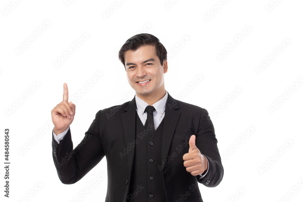 Portrait of a confident business man in black suit smile and pointing to copy space isolated on white background. Portrait business concept. Portrait of a confident business man in black suit smile and pointing to copy space isolated on white background. Portrait business concept.