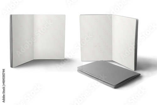 Empty blank Passport Mock up isolated on white background.3d rendering. Front, side and back view. open passport mockup.