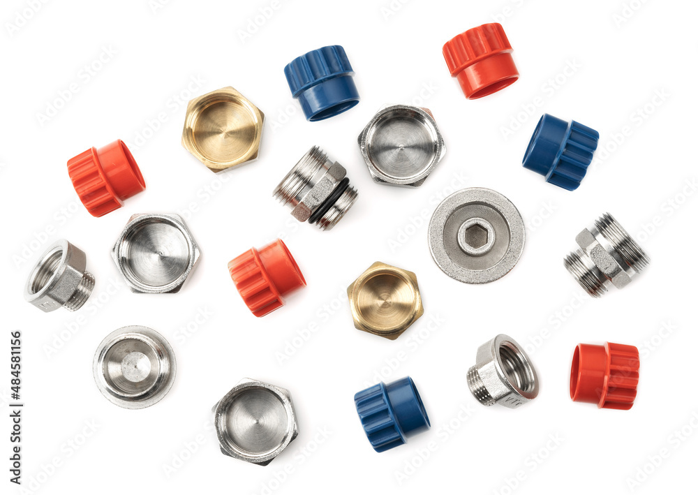 many metal fittings - pipe unions, bushings, bullnoses and nuts many metal fittings - pipe unions, bushings, bullnoses and nuts