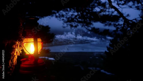 retro gas lamp hanging on tree in dark forest