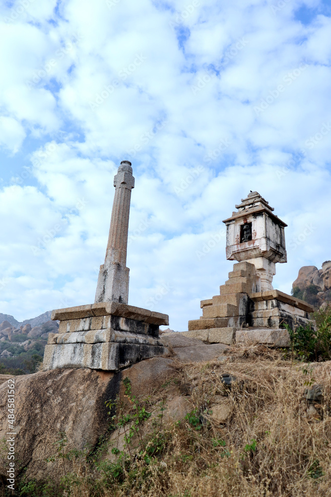 A selective focus of Nandi Temple(Also called Onti Kalu Basava Temple) at Chitradurga Fort, Karnataka, India. The fort is also called Elusuttina Kote (meaning the fort of seven circles).