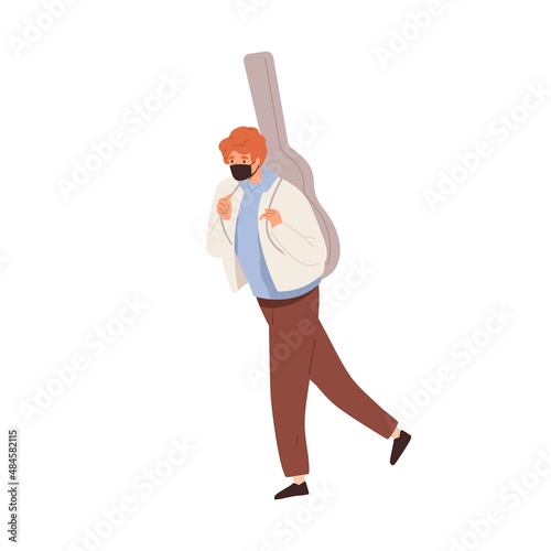 Young man going, carrying guitar case, wearing medical face mask. Guitarist walking with musical instrument outdoors. Ill musician. Flat vector illustration isolated on white background