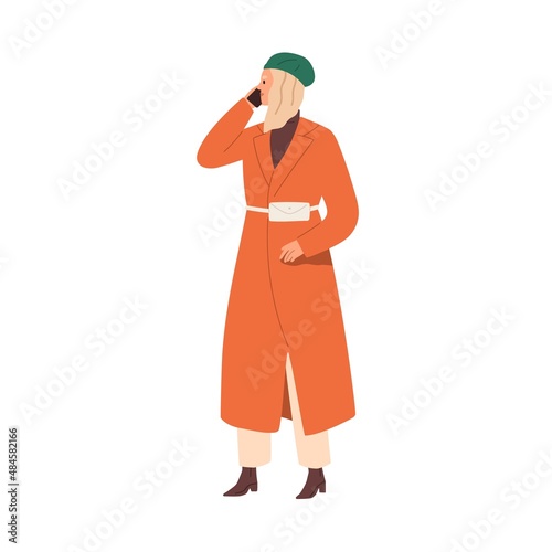 Woman speaking on mobile phone outdoors. Modern fashion person standing and calling by smartphone. Female using cellphone, talking on telephone. Flat vector illustration isolated on white background