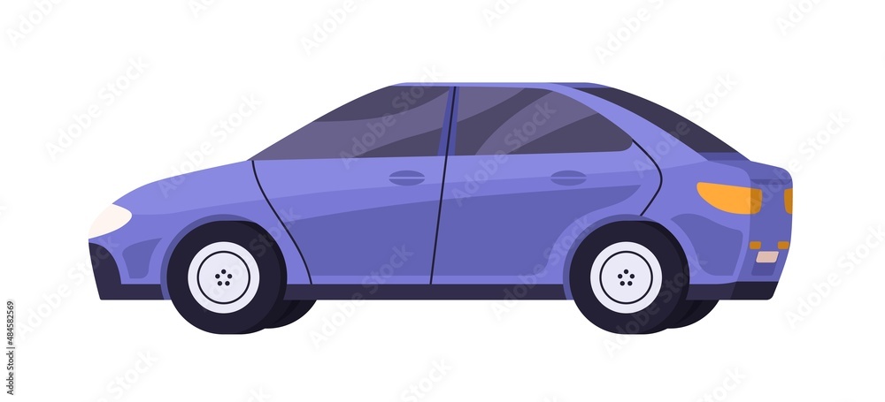 Car side view. Auto vehicle with sedan body type. Road wheel transport profile. New shiny automobile model. Colored flat cartoon vector illustration isolated on white background