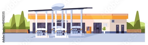 Gas and petrol station building. Oil, gasoline shop exterior. Petroleum refuel store facade, panorama. Roadside service, panoramic view. Flat vector illustration isolated on white background