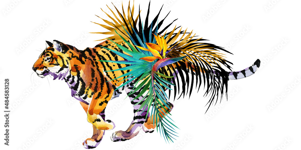 Obraz premium Tiger and exotic palm leaves and flowers. Watercolor illustration.