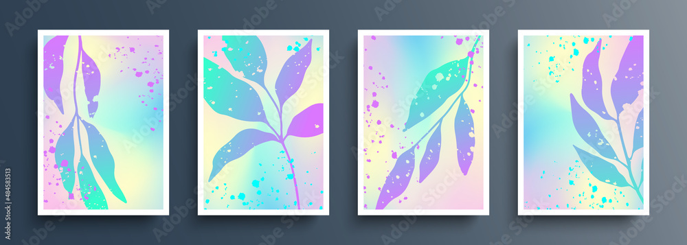Set of color botanical elements on blurred background. Abstract floral backgrounds with holographic effect for your creative graphic design. Vector illustration.