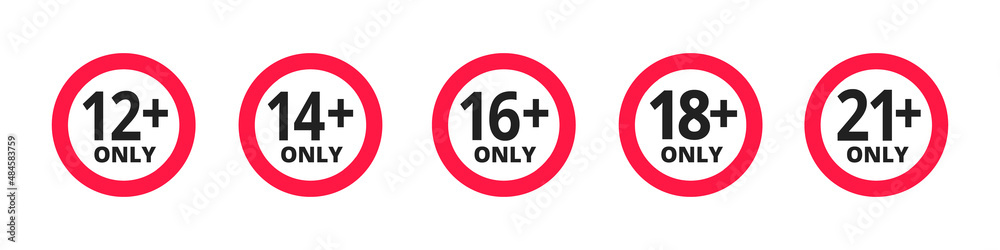 Adults content only age restriction 12, 14, 16, 18, 21 plus years old icon signs set flat style design vector illustration. Sensitive content age plus and adults only concept symbols. Adults content only age restriction 12, 14, 16, 18, 21 plus years old icon signs set flat style design vector illustration. Sensitive content age plus and adults only concept symbols.