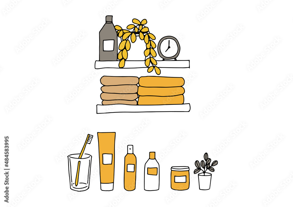 水回りの小物セット コミカルな手書きのイラスト ベクター線画にシンプルな色つけ Stock ベクター Adobe Stock