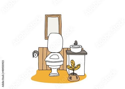 ちょっとおしゃれなトイレのインテリア　コミカルな手書きのイラスト　ベクター線画にシンプルな色つけ