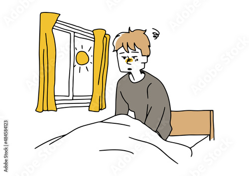 眠れないまま朝を迎えた若い男性　コミカルな手書きの人物イラスト　ベクター線画にシンプルな色つけ　