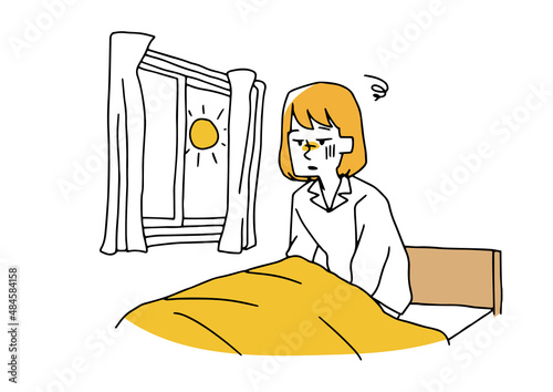 眠れないまま朝を迎えた若い女性　コミカルな手書きの人物イラスト　ベクター線画にシンプルな色つけ　