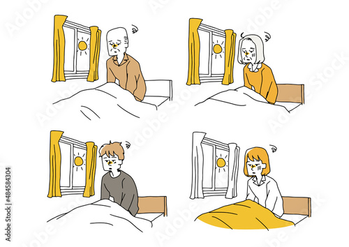 睡眠に問題を抱えている人物のセット　コミカルな手書きの人物イラスト　ベクター線画にシンプルな色つけ　