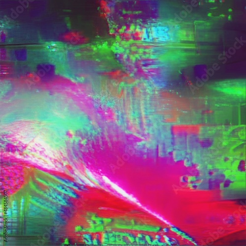 3D illustration of an abstract rainbow glitch background. RGB-shift effect. Cyberpunk concept. Colorful techno backdrop with aesthetics of style of 80 s.