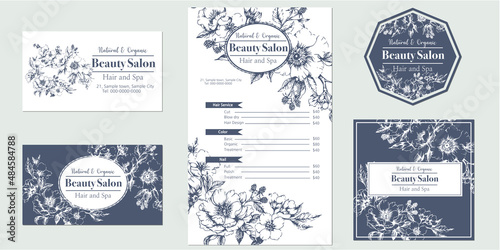set of menu and card template design with hand drawn flower illustration, for beauty salon, shop, spa, cafe