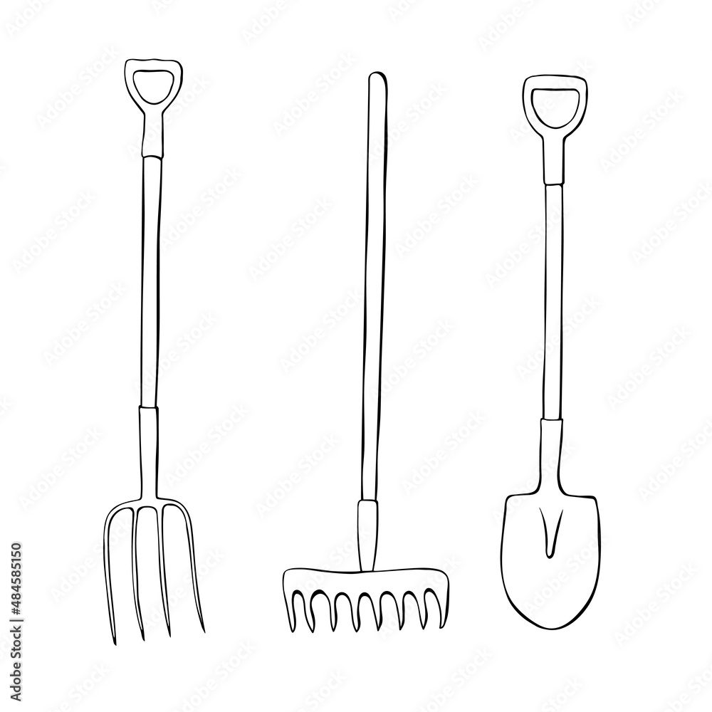 Poster Vector set of outline garden tools: rake, pitchfork, shovel ...