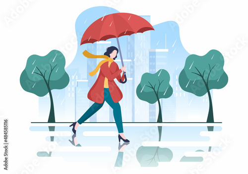 People Wearing Raincoat, Rubber Boots and Carrying Umbrella In the Middle of Rain Showers Storm. Flat Background Cartoon Vector Illustration for Banner or Poster
