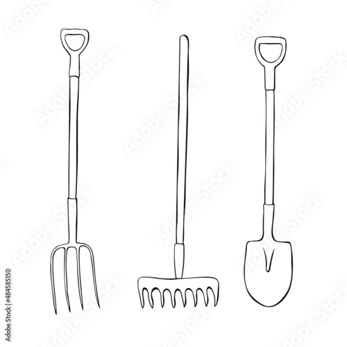 Vector set of outline garden tools: rake, pitchfork, shovel, doodle style, isolated. Equipments for working in the garden, on farm, dacha, country site