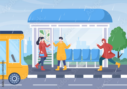 People Wearing Raincoat, Rubber Boots and Carrying Umbrella In the Middle of Rain Showers Storm. Flat Background Cartoon Vector Illustration for Banner or Poster