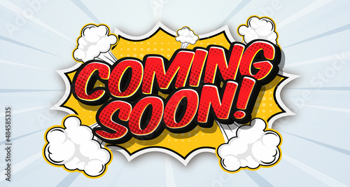 Coming soon text style in text effect comic background photo