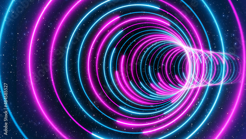 Abstract Futuristic Blue Purple Circle Lines Neon Light Curved Tunnel With Glitter Dust Particles Background