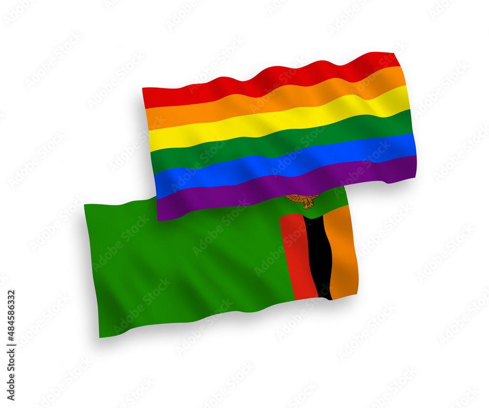 Obraz premium Flags of Republic of Zambia and Rainbow gay pride on a white background