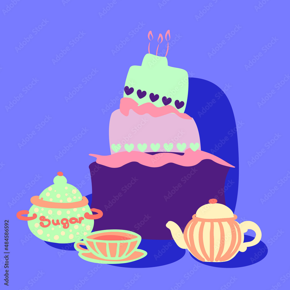 Bright flat style birthday cake vector illustration. Purple, blue, peach pink colored layered cake with tea set. Sugar pot, tea pot, tea cup. Tea time. Funny design. Gift card. Bright flat style birthday cake vector illustration. Purple, blue, peach pink colored layered cake with tea set. Sugar pot, tea pot, tea cup. Tea time. Funny design. Gift card.