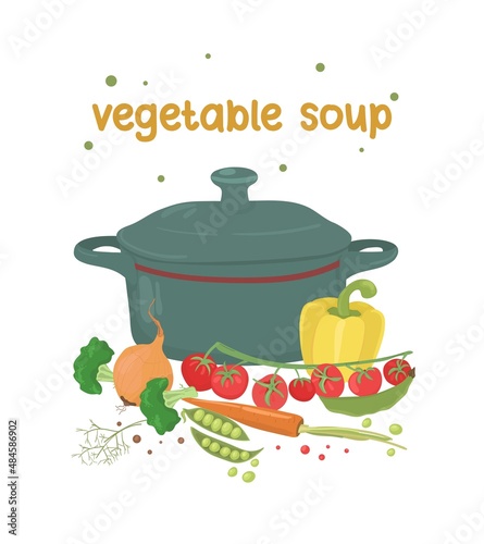Pot with soup. Fresh homemade vegetable soup. Set of vegetables for soup. hot broth.