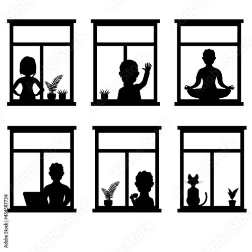 A set of silhouettes of people and animals in the window. Vector illustration.