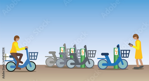 Electric bicycle charging station. Sharing bikes with app for urban transports.