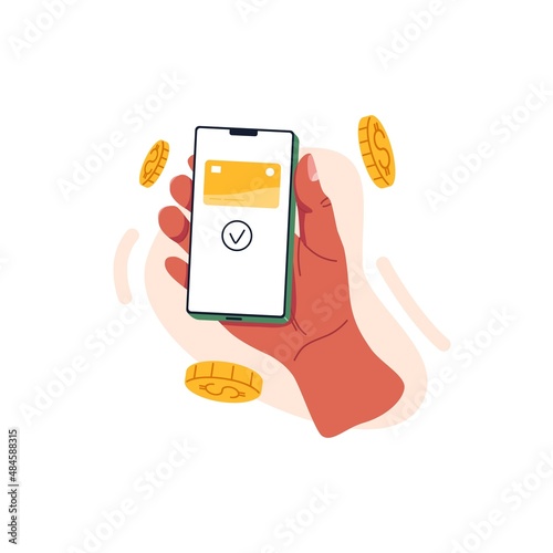 Hand holding smartphone and paying online with digital virtual bank card. Cashless payment through internet with mobile phone application. Flat vector illustration isolated on white background