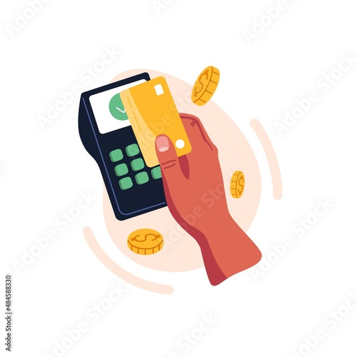 Hand paying with bank plastic card, using POS terminal. Customer during payment with electronic contactless wireless cashless technology. Flat vector illustration isolated on white background