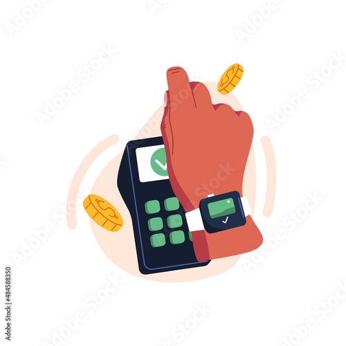 Hand in smartwatches during contactless wireless payment with terminal. Person paying with wrist smart watches, buying with cashless device. Flat vector illustration isolated on white background