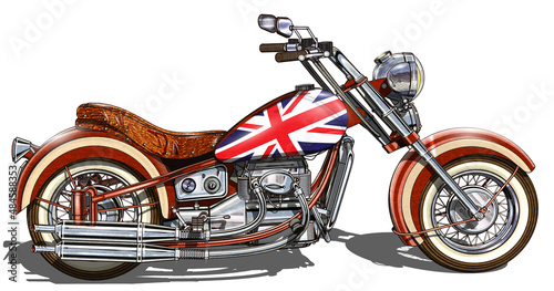 Classic vintage motorcycle painted up as British flags isolated on white background. 