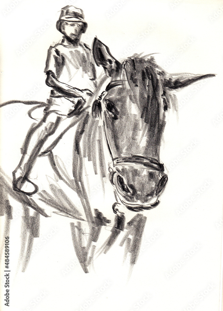 Boy riding a horse.. Stylized close-up portrait. Artistic hand drawn graphit pencil sketch