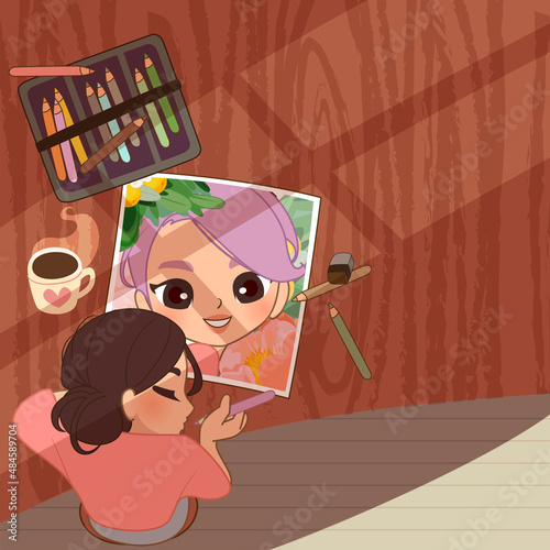 illustration of a girl painting