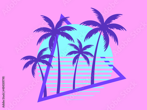 80s retro sci-fi palm trees on a sunset. Retro futuristic sun with palm trees. Summer time. Synthwave and retrowave style. Design for advertising brochures, banners and posters. Vector illustration