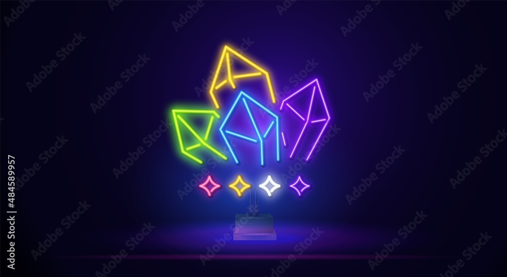 Multicolored neon sign of crystals. Four growing minerals or crystals on a stand On a dark background. Isolated vector Multicolored neon sign of crystals. Four growing minerals or crystals on a stand On a dark background. Isolated vector