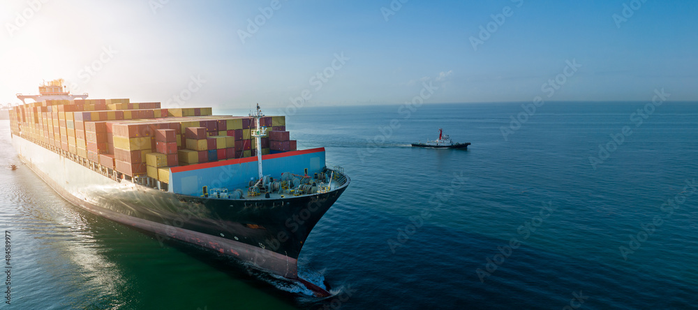 Aerial side view of cargo ship carrying container and running for export  goods  from  cargo yard port to custom ocean concept technology transportation , customs clearance, webinar banner