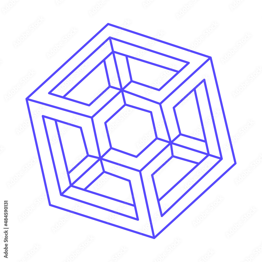 Impossible shapes. Sacred geometry figure. Optical illusion. Abstract eternal geometric objects.  Logo in trendy 2022 Very Peri color. Impossible geometry object on a white background. Optical art.