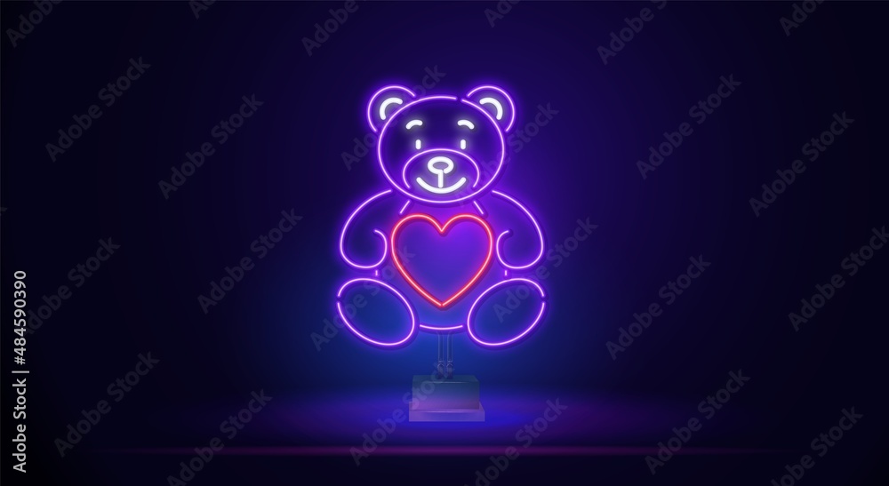 The glowing neon line of a teddy bear is a plush toy icon with a