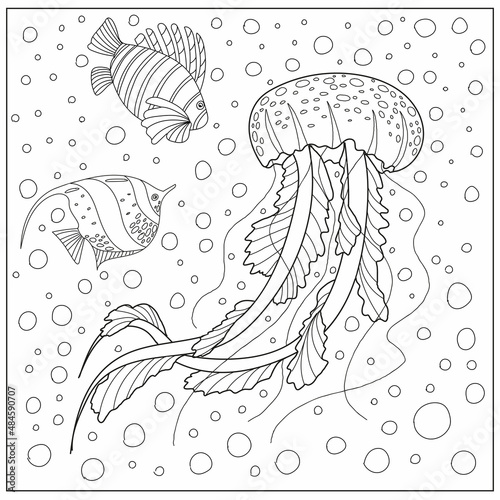 Jellyfish fish underwater coloring page. Hand drawn vector illustration.